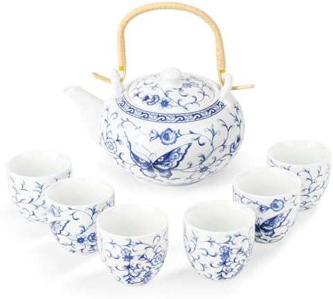 fanquare Chinese Blue and White Porcelain Tea Set with 1 Teapot Set, 6 Tea Cups, Butterfly Pattern Asian Japanese Tea Sets for Adults by fanquare