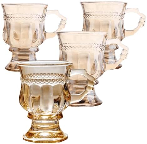 4pcs Vintage Irish Coffee Mugs, Crystal Clear Irish Coffee Glass with Handle, Small Footed Stem Base, Heat Resistant, Heavy Duty Cups for Hot Chocolate, Tea, Coffee, Beige by Unknown