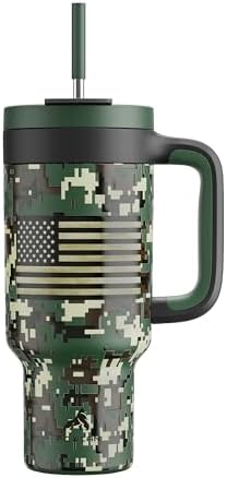 40 oz Camo Tumbler with Handle, 2-in-1 Straw and Sip Lid, Leakproof, Dishwasher Safe, Insulated Stainless Steel Travel Coffee Mug, Keeps Cold for 34 Hours, Fits in Car Cupholder (Woodland Flag) by POWCAN