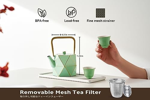 Toptier Cast Iron Teapot, Stovetop Safe Japanese Cast Iron Tea Kettle, Diamond Design Tea Pot with Removable Infuser for Loose Tea, 30 Ounce (900 ml), Light Green - Image 4