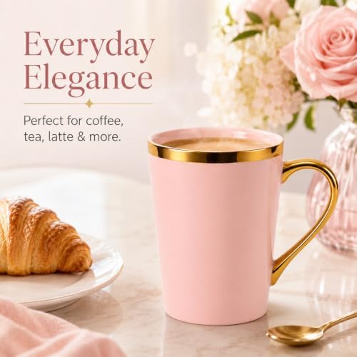 Pink and Gold Coffee Mugs Set of 6, 12 oz Porcelain - Image 5