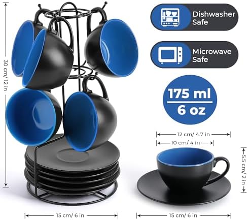 MIAMIO - Set of 6, Ceramic Stackable Cappuccino Cups Set / 6 Ounce Cappuccino Mugs and Saucer with Metal Stand for Coffee Drinks, Cafe, Latte, Americano and Tea - Le Papillon Collection (Blue) - Image 2