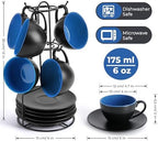 MIAMIO - Set of 6, Ceramic Stackable Cappuccino Cups Set / 6 Ounce Cappuccino Mugs and Saucer with Metal Stand for Coffee Drinks, Cafe, Latte, Americano and Tea - Le Papillon Collection (Blue) - Image 2