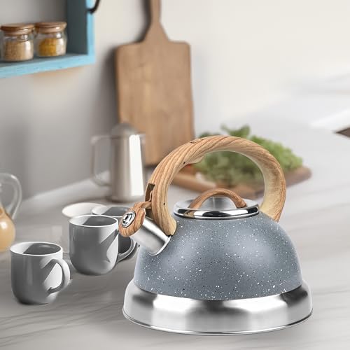 3 Quart Whistling Tea Kettle for Stovetop – Stainless Steel Teapot with Loud Whistle, Cool-Touch Wood Handle, Rust-Resistant Base & Natural Stone Finish (Gray) - Image 2