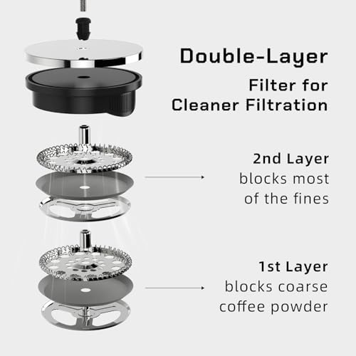 French Press Coffee Maker Stainless Steel Cold Brew Heat Resistant Glass Coffee & Tea Maker with 2 Filter (1000ml/34oz) - Image 3