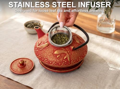 Red Koi Cast Iron Tea Set, 2 Cups, 2 Saucers, Infuser & Matching Trivet - Image 4