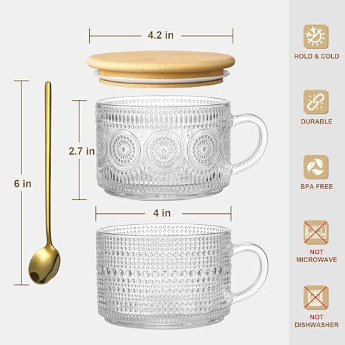 2 Pcs 420 ml Vintage Coffee Mugs, Overnight Oats Containers with Handle, Bamboo Lids and Spoons-Embossed Glass Cups Ideal for Cappuccino, Latte, Cereal, Yogurt, Hot or Cold Beverages - Image 6