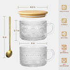 2 Pcs 420 ml Vintage Coffee Mugs, Overnight Oats Containers with Handle, Bamboo Lids and Spoons-Embossed Glass Cups Ideal for Cappuccino, Latte, Cereal, Yogurt, Hot or Cold Beverages - Image 6