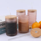 Vintage Drinking Glasses Set of 4 with Bamboo Lids, Textured Clear Striped Ribbed Glassware Set Cocktail Set Beaded Glass Cups Old Fashion Embossed Iced Coffee Cup for Beer, Beverage(16 oz), Rose Gold - Image 3
