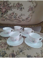 SODEF Set of 5 Arcopal Style Glass Cups and Saucers, White, 1 Liter Capacity, Vintage Design, Durable Porcelain Alternative for Coffee or Tea, appropriate for Home Kitchenware Collection by Unknown