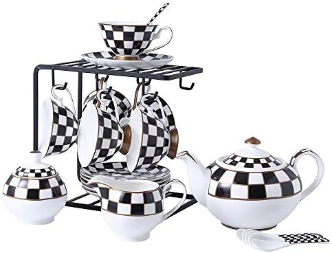 Porlien Checker Pattern 17-Piece Tea Set for 6 with Teapot, 5-ounce Teacups and Saucers, Milk Jug & Sugar Bowl（Without Rack) by Porlien
