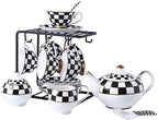 Porlien Checker Pattern 17-Piece Tea Set for 6 with Teapot, 5-ounce Teacups and Saucers, Milk Jug & Sugar Bowl（Without Rack) by Porlien