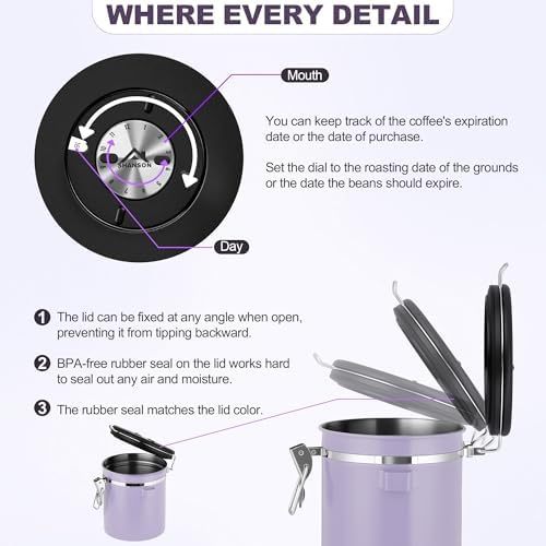 ShanSon Coffee Canister Airtight, Stainless Steel Bean Storage Container with Date Tracker & Scoop, Grounds Sugar Flour Tea Cereal Fits Kitchen Pantry, Ideal Gift for Coffee Lovers,12oz, Purple - Image 4