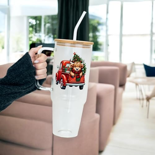 Sip-Sip Hooray! Highland Cow Red Truck 40oz Glass Tumbler with Lid - Image 3