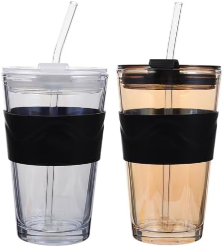 TOYANDONA 2pcs Glass Water Bottles with Straw and Lid, 450ml Cold Brew and Iced Tea Cups with Silicone Sleeve for Beverage and Coffee Drinking, Travel-friendly Reusable Tumblers by TOYANDONA