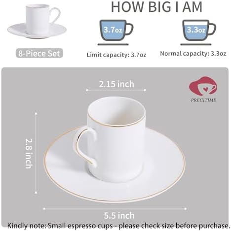 White Porcelain 8-Piece Espresso Cup Set - 3.3oz Demitasse Cups - Image 2