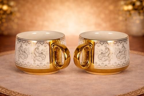 Porcelain 6 Piece Tea Cup Set, Aesthetic Classic Teaware Set for Home, Kitchen Decor & Gifting (Gold Leaf) tea set cup - Image 2