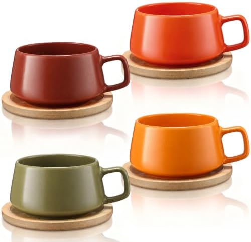 Rtteri 4 Pack 11 oz Fall Ceramic Coffee Cups Set with Saucer Bamboo Coasters, Autumn Tea Mug, Wide Cappuccino Latte Mugs with Handle for Hot Chocolate Americano Espresso by Rtteri