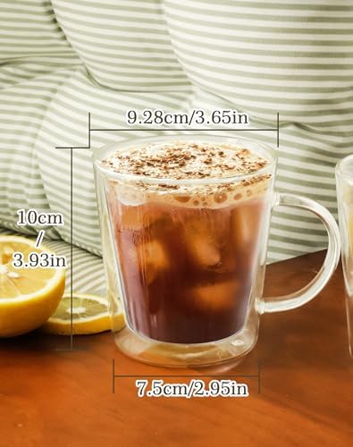 LIBWYS 12oz Double Wall Glass Coffee Mugs, Cappuccino Latte Tea Cups with Handle, Heat Resistant Borosilicate Insulated Clear Glasses (Set of 4) - Image 3