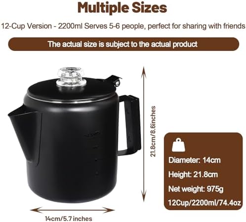 12 Cup Percolator 304 Stainless Steel Coffee Pot Coffee Maker Coffee Machine with Solid Wood Handle Transparent Knob Stovetop Greca Mocha for Induction Home and Camping 2200ml 74.4oz - Image 2