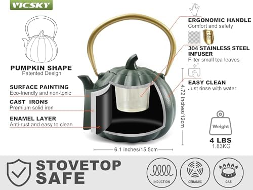 VICSKY Pumpkin Cast Iron Teapot - Small Halloween Tea Kettle Stovetop Safe - Image 3