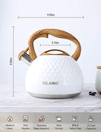 BELANKO 2.7 Quart Tea Kettle for Stovetop - Food Grade Stainless Steel with Diamond Texture, Designer Teapot Look, Cool-Touch Wood Pattern Handle, Whistling Spout - Gloss White - Image 5