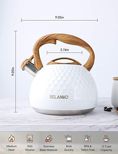 BELANKO 2.7 Quart Tea Kettle for Stovetop - Food Grade Stainless Steel with Diamond Texture, Designer Teapot Look, Cool-Touch Wood Pattern Handle, Whistling Spout - Gloss White - Image 5