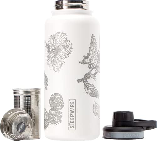 The Tea Spot Himalayan Tea Tumbler - Travel Bottle with Tea Infuser for Loose Leaf Tea or Iced Coffee - 32oz, White-Etched - Double-Walled Insulated Bottle - Keeps Drinks Hot & Cold for Hours by TheTeaSpot