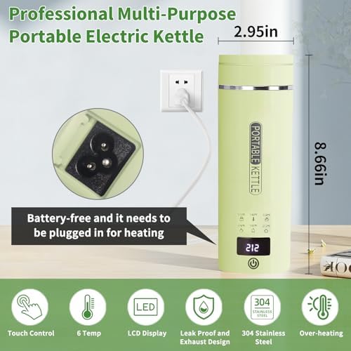 Green Travel Electric Kettle with LCD Display, 6 Temperature Settings, 450ml / 15.2oz, 304 Stainless Steel, Auto Shut-Off and Dry Boil Protection, Compact and Portable Electric Kettle - Image 2