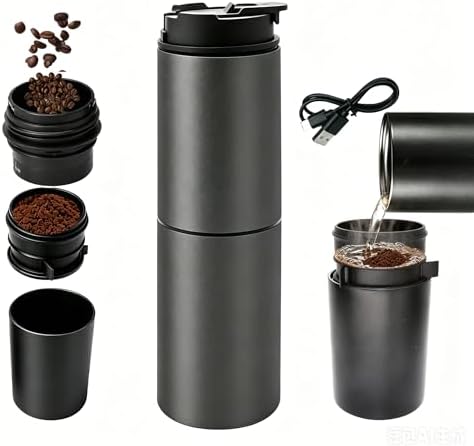 Portable Pour Over Coffee Maker with Grinder, All-in-One Grind and Brew Coffee Maker, Single Serve Travel Coffee Maker for Camping Office, Stainless Steel Drip Kettle, Double-Wall Tumbler by Unknown