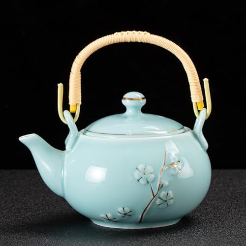 KEYDUACU Japanese Tea Set, Kiln-Formed Ceramic TeaSet, Plum Blossom Embossed, Includes 1 Teapot, 6 Teacups,Tea Tray,Strainer, Used for home, outdoor, gift, Chinese Kung Fu Tea Sets(FDMH-CYAN-MU) - Image 5