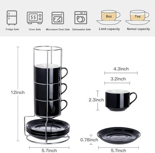8 Ounce Stackable Cappuccino Cups with Saucers and Metal Stand - Image 2