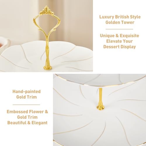 DUJUST 22 pcs Porcelain Tea Set for 6 ＆ Larger 2-Tier Cupcake Stand Tower, Luxury British Style Tea/Coffee Cup Set with Golden Trim, Food Grade Dessert Display Stand for Tea Party - White - Image 4