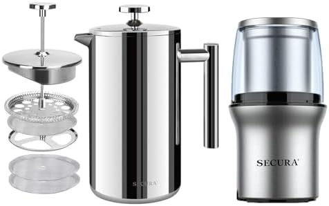 Secura Electric Coffee Grinder and Spice Grinder with 2 Removable Bowls And French Press Coffee Maker, 304 Grade Stainless Steel Insulated Coffee Press 50 Oz. by Secura