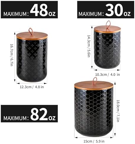 JOJUNO Black Embossed Ceramic Canister 3 Piece with Airtight Bamboo Lid - Image 2