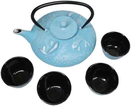 Ebros Gift Oriental Tetsubin Traditional Cast Iron Tea Pot With 4 Cups And Strainer Set 27oz Enameled Interior Home Decor Asian Living Gift And Housewarming (Turquoise Blue Auspicious Koi Fishes) - Image 3