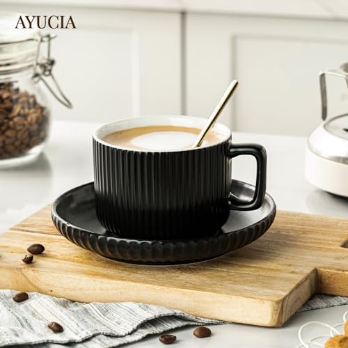 8 Ounce Cappuccino Cups Set of 4, Latte Mugs with Saucers and Spoons, Black Ceramic Coffee Mugs Tea Cups for Cappuccino Latte Mocha Au Lait Macchiato Cafe - Image 7