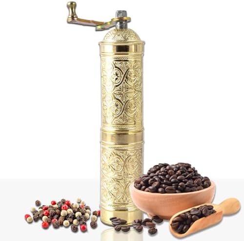 Handmade Turkish Pepper & Coffee Grinder, Refillable Turkish Spice Mill with Adjustable Coarseness, Manual Coffee Mill with Handle, Coffee Grinder Metal with Hand Crank 22 cm-8.66 inch (Yellow) by Glios