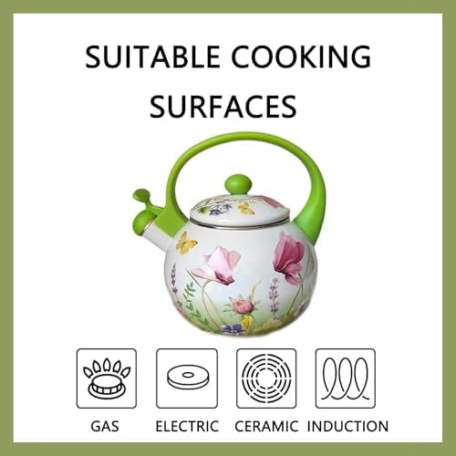 Whistling Enamel Stovetop Tea Kettle, Classic Enameled Steel Kettle with Ergonomic Anti-Scald Handle, Floral Teapot(White) - Image 4