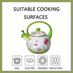 Whistling Enamel Stovetop Tea Kettle, Classic Enameled Steel Kettle with Ergonomic Anti-Scald Handle, Floral Teapot(White) - Image 4