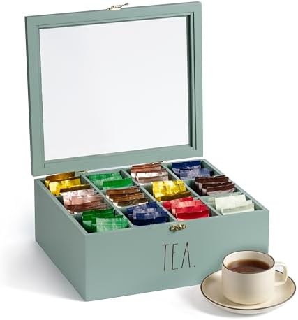 Rae Dunn Tea Bag Organizer - Tea Box Divided Storage Container Box with Hinge Lid for Kitchen Cabinet, Countertop, Pantry, Hold Coffee Pods, Seasoning Packets, Condiments, Sage by RaeDunn