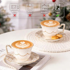 Tea Cups and Saucers Set of 2, 6.4oz Stackable Porcelain Coffee Cup, YFH12 - Image 7