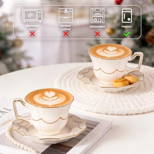 Tea Cups and Saucers Set of 2, 6.4oz Stackable Porcelain Coffee Cup, YFH12 - Image 7