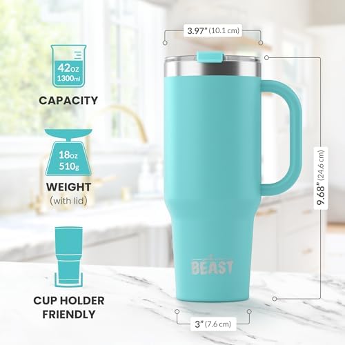 Beast 42 oz Tumbler with Handle Stainless Steel Vacuum Insulated Coffee Ice Cup Double Wall Travel Flask (Aquamarine Blue) - Image 6