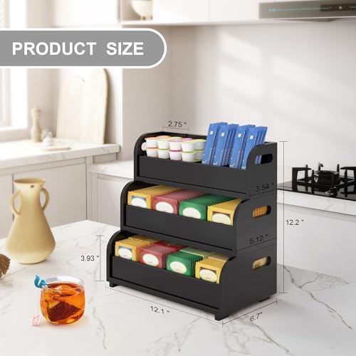 3-Tier Bamboo Tea Bag Organizer, Stackable Tea Holder for Countertop, Black - Image 2