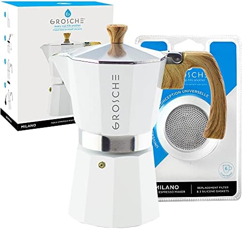 GROSCHE Milano Stovetop Espresso Maker Moka pot 6 espresso Cup - 9.3 oz, White and 3 Replacement Seals Gaskets Bundle Stove top coffee maker Moka Italian espresso coffee maker and replacement gaskets by GROSCHE