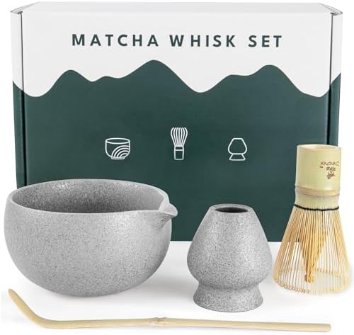 Stone-Texture Gray Matcha Whisk Set with Pouring Spout – Japanese Matcha Kit with Handcrafted Ceramic Bowl, Bamboo Whisk, Scoop, and Holder for Authentic Tea Ceremony - Image 2