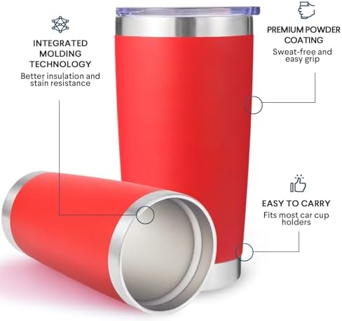 Volhoply 20oz Stainless Steel Tumbler with Lid and Straw Bulk 8 Pack,Double Wall Insulated Travel Iced Coffee Mug Fits Cup Holder,Powder Coated Cups for Hot/Cold Drinks,Christmas Gifts（Red,8 Set） - Image 4