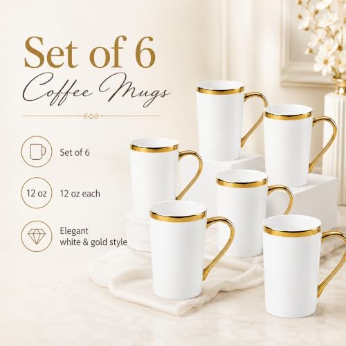 White and Gold Coffee Mugs Set of 6, 12 oz Porcelain - Image 3