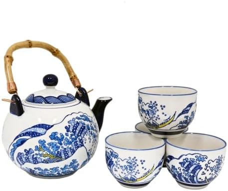 Urban Tokyo Hokusai Inspired Great Wave Porcelain Tea Set with Bamboo Handle, 30 oz Teapot with 4 Cups, Blue and White, Gift Box by Urban+Tokyo